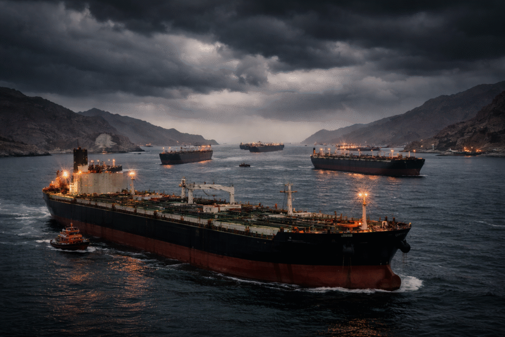 Multiple large oil tankers stalled in a narrow sea passage under dark storm clouds, with choppy waters and distant rocky coastline, symbolizing a global energy disruption