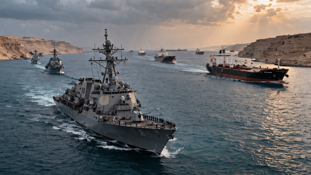 U.S. Navy warships escort commercial oil tankers through a narrow maritime strait, with rocky coastal cliffs on both sides and an overcast sky casting a tense atmosphere over the convoy.