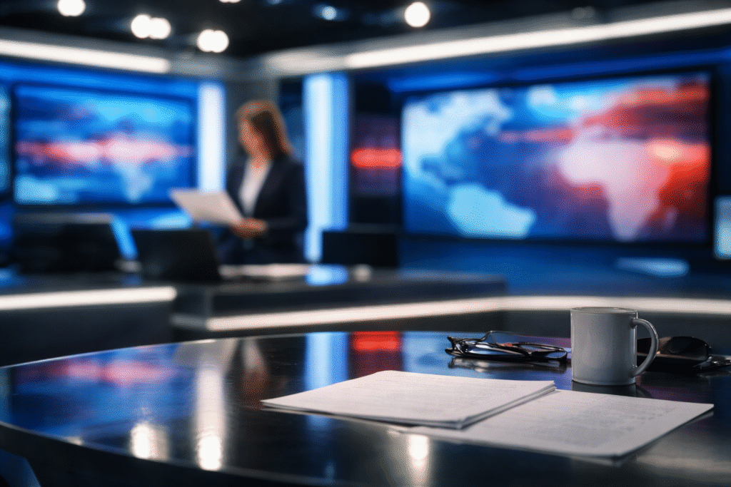 Television news studio with anchor desk, papers, and screens in the background, depicting a professional broadcast environment.