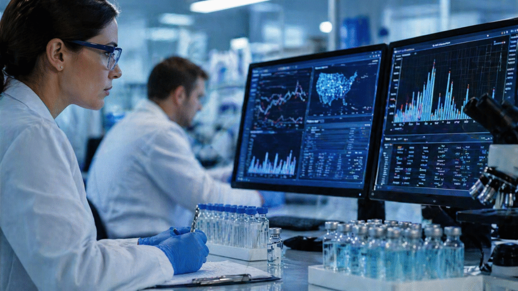 Scientist in a laboratory analyzing data on multiple computer screens with charts and maps, surrounded by vaccine vials and research equipment.