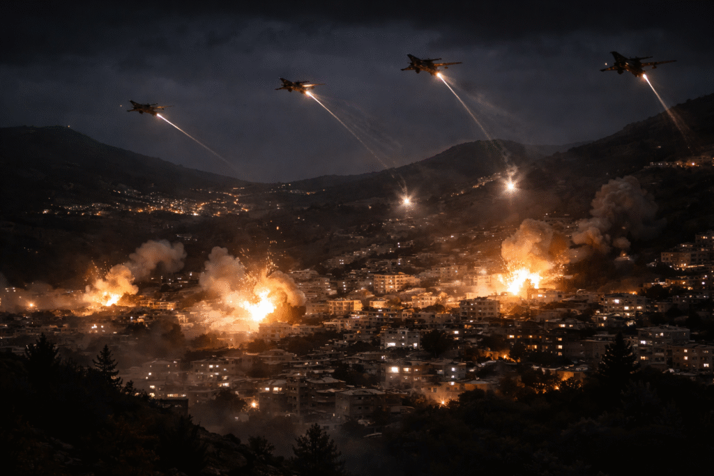 Night-time airstrikes over a densely built town with multiple explosions and fighter jets overhead, showing an intense military operation in a mountainous region