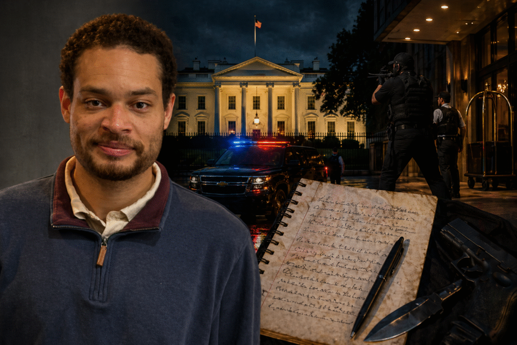 Man with short curly hair and a slight smirk in the foreground, with the White House at night behind him, police vehicles with flashing lights, armed security officers, and a notebook with handwritten pages and weapons in the scene.