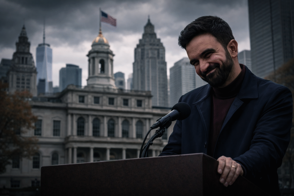 Man with a trimmed beard and smirking expression standing at a podium outside New York City Hall, with a cloudy skyline and American flag in the background