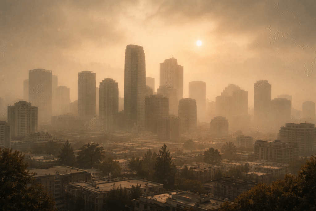 City skyline shrouded in dense smog with low visibility and hazy sunlight, illustrating hazardous air pollution conditions