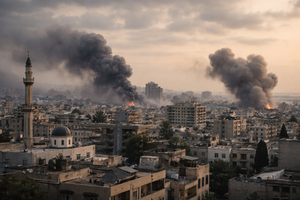 Urban city skyline with multiple columns of smoke rising from distant impact sites, buildings under a hazy sky following airstrikes.