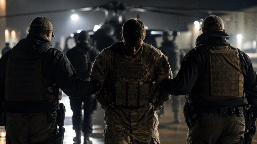 U.S. Special Forces soldier in camouflage being escorted by armed federal agents during a nighttime arrest near a military aircraft