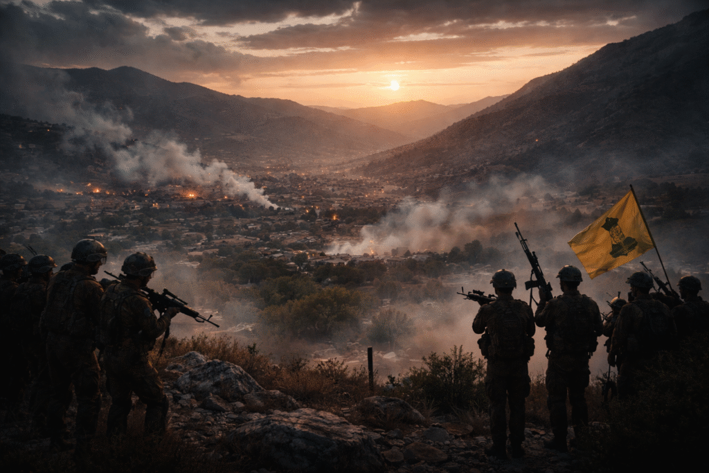 Armed soldiers overlooking a valley at dusk with smoke rising from a town below, as weapons are lowered during a temporary ceasefire in a Middle Eastern conflict zone