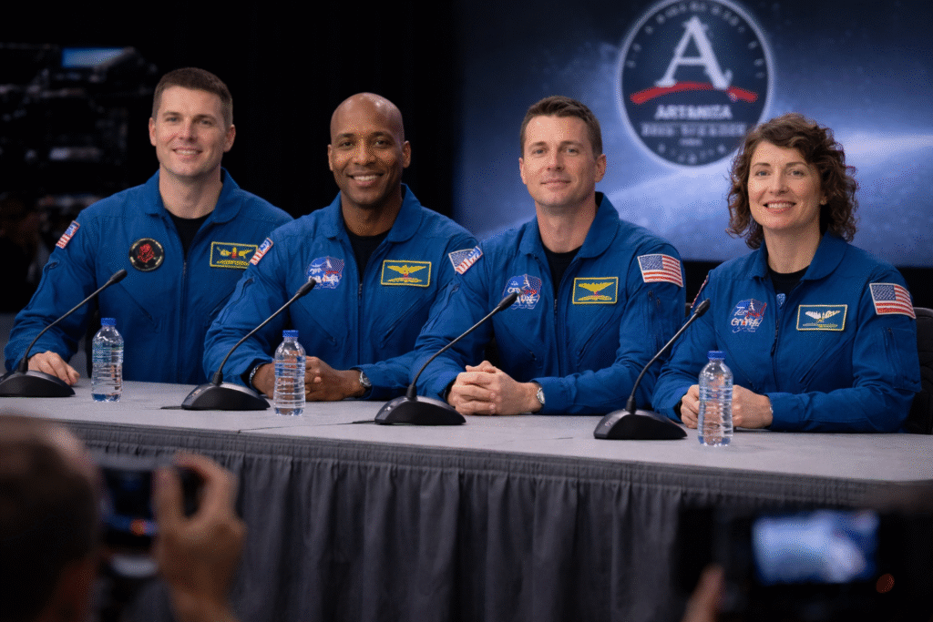 Four astronauts in blue flight suits seated at a press conference table with microphones and water bottles, facing forward under bright lights with a mission backdrop behind them.
