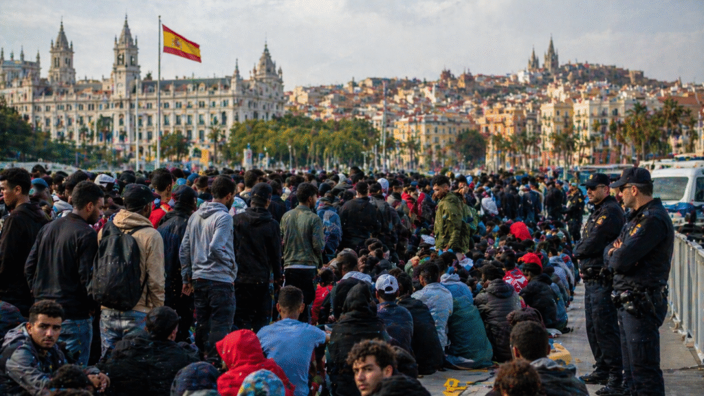 Large crowd gathered in a public square near historic European buildings, with police officers standing nearby observing the scene.