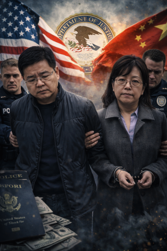 Man and woman in handcuffs escorted by officers, with U.S. and Chinese flags and a Department of Justice seal in the background, as the pair faces forward with subdued expressions.
