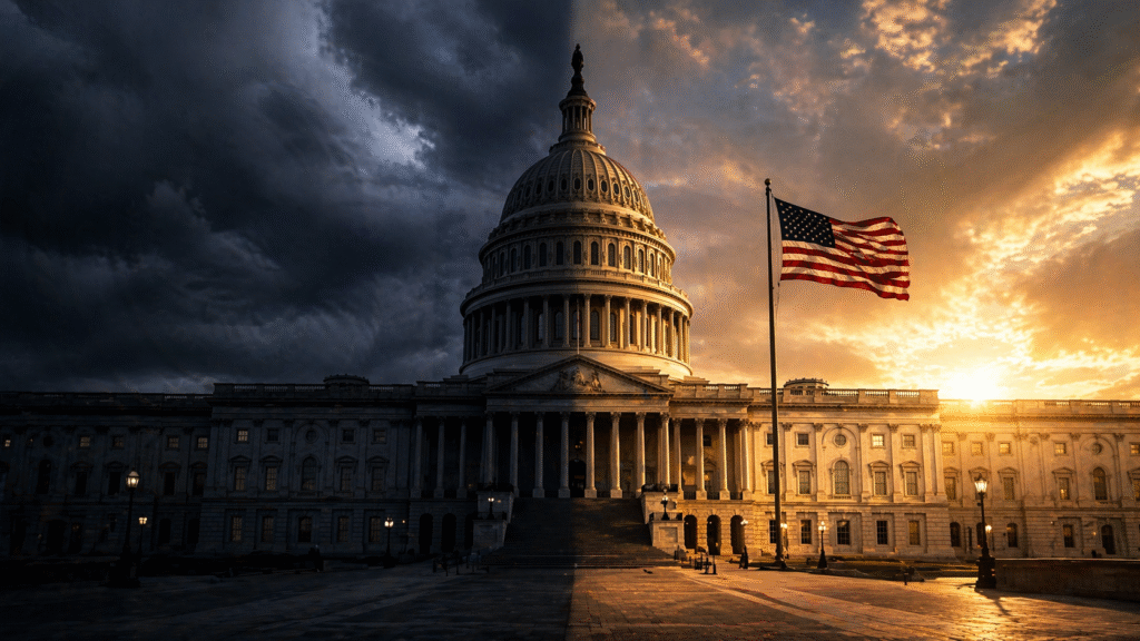 U.S. Capitol building under a split sky of dark storm clouds and golden sunlight, with an American flag in the foreground symbolizing political division