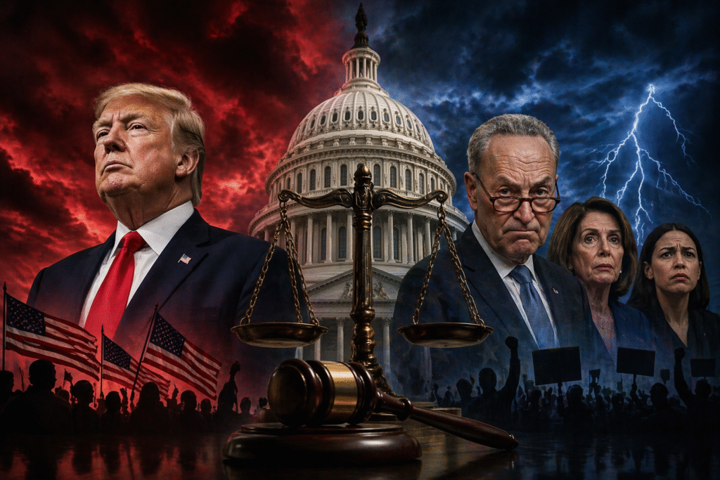 U.S. Capitol under a split red and blue storm sky with scales of justice and opposing political groups, symbolizing division and high-stakes election tensions