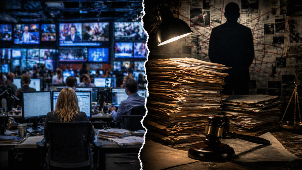 Split image showing a busy newsroom with journalists at computers on one side and a dimly lit investigative scene with stacked documents, a gavel, and a silhouetted figure on the other.