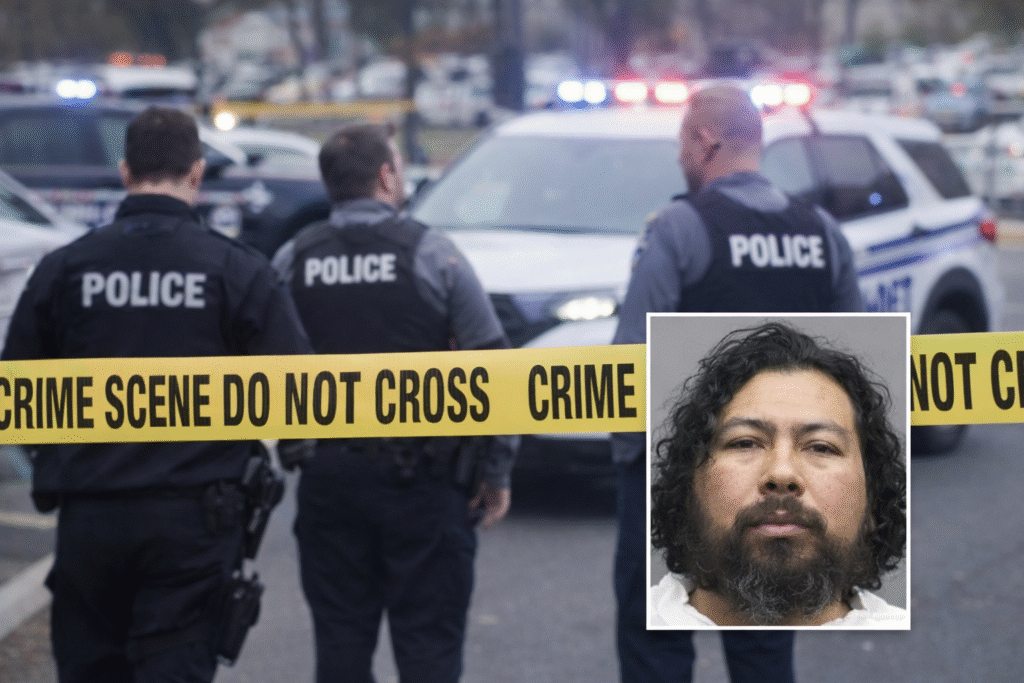 Police officers stand behind yellow crime scene tape with patrol lights flashing, while an inset mugshot shows a bearded man with dark curly hair against a neutral background, illustrating a Fairfax County stabbing investigation.