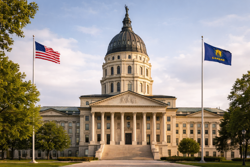 Kansas State Capitol building in Topeka with dome architecture, American and Kansas flags in front, surrounded by trees under a partly cloudy sky, representing state government and legislative activity