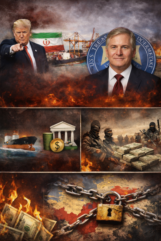 Composite image showing a U.S.–Iran economic conflict theme: a U.S. political figure and a Treasury official in front of an industrial port with the Iranian flag, an oil tanker near a bank symbolizing financial sanctions, armed militants handling stacks of cash, and a chained world map with a padlock and burning money in the foreground.