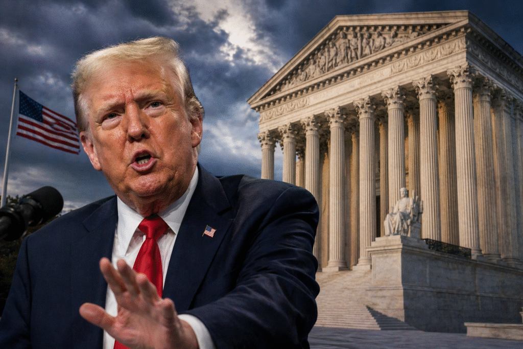 President Donald Trump speaking in front of the U.S. Supreme Court building with an American flag in the background