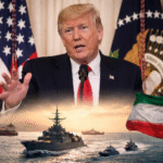 President Trump speaking at a podium during a formal address, with naval ships moving through a strategic waterway and a national flag in the background representing international tensions and ceasefire negotiations