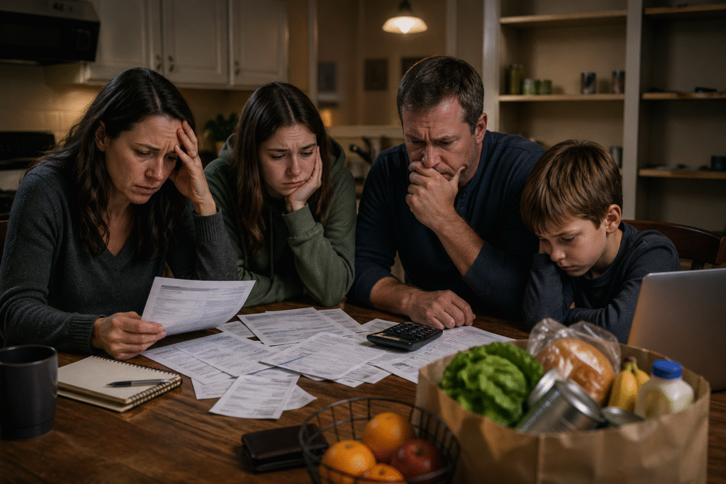 Family of four sitting at a kitchen table reviewing bills and groceries, showing stress from rising living costs