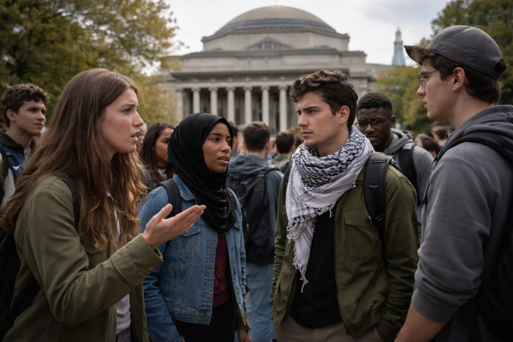 Group of university students engaged in a tense discussion on campus, with a large academic building in the background and individuals showing serious, conflicting expressions