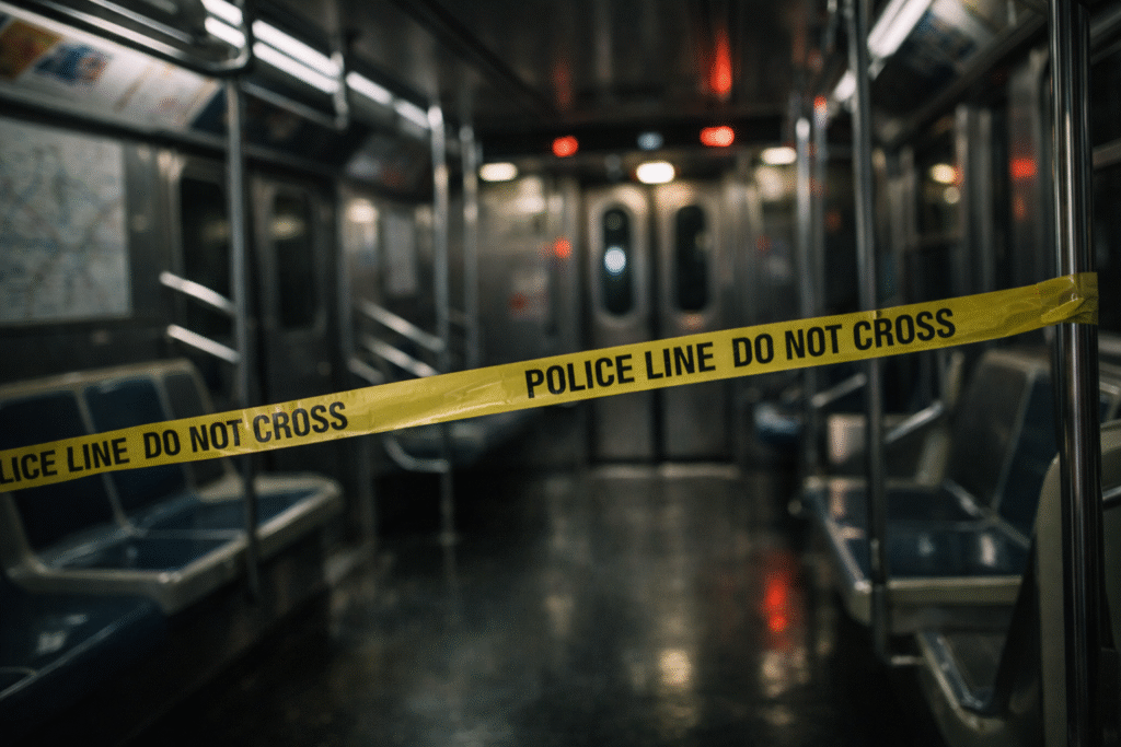 Subway train interior sealed with police tape, empty seats and dim lighting creating a somber crime scene atmosphere.