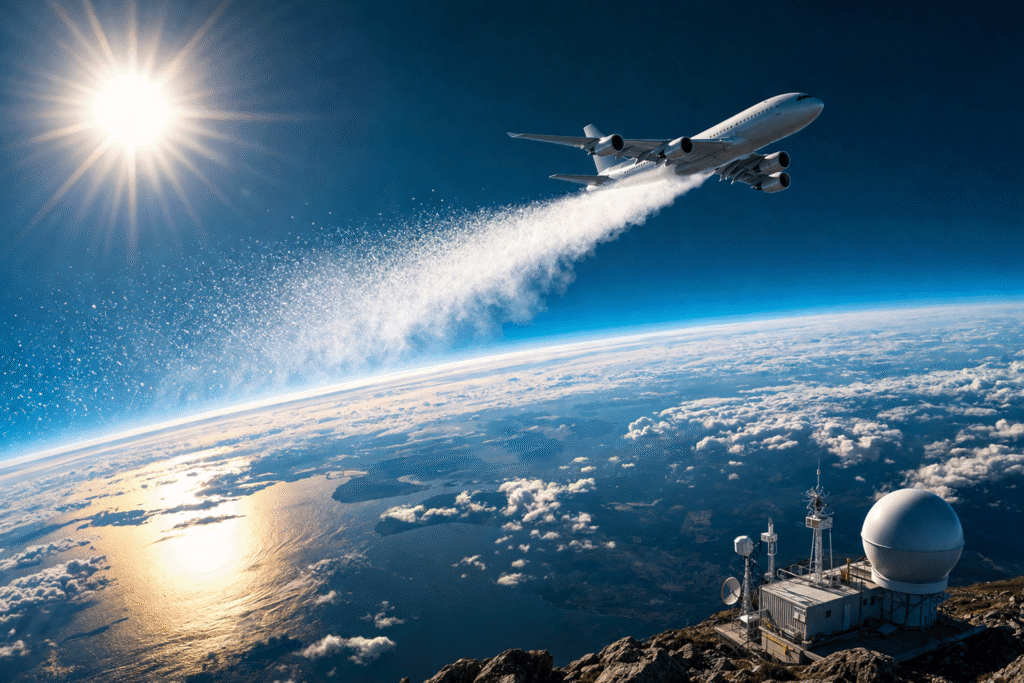 High-altitude jet releasing aerosol particles into the atmosphere above Earth’s curved horizon, with scientists observing from a research station below under a bright sun