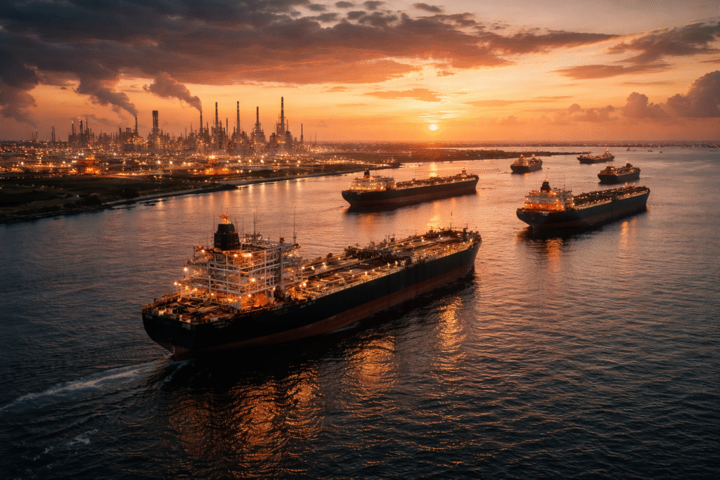 Large oil tankers near a coastal refinery at sunset, illustrating global energy transport and shifting oil supply routes