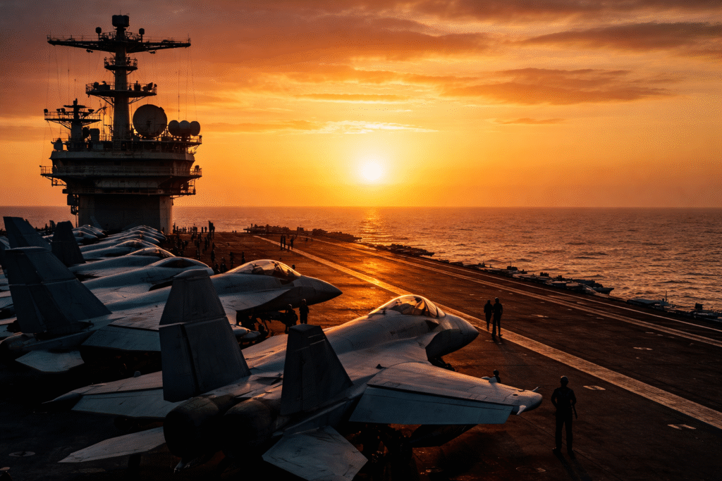 U.S. aircraft carrier at sea during sunset with fighter jets on deck and crew silhouetted against the horizon, representing military readiness.