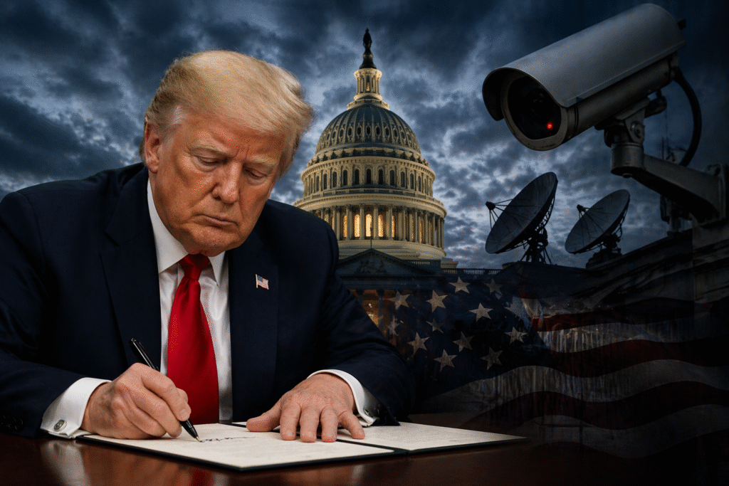 President Trump signing documents at a desk with U.S. Capitol, surveillance camera, and satellite dishes in the background under dark storm clouds, symbolizing government surveillance and political tension