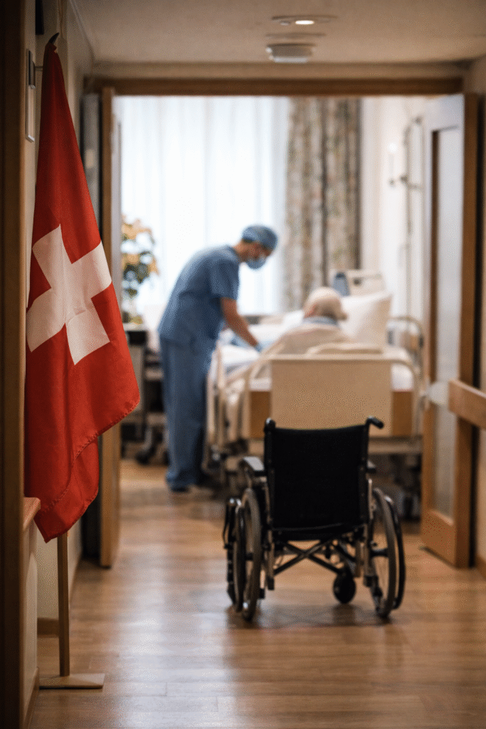 Hallway in a Swiss nursing home with a wheelchair in the foreground, a doctor attending to an elderly patient in a hospital bed, and a Swiss flag displayed on the wall