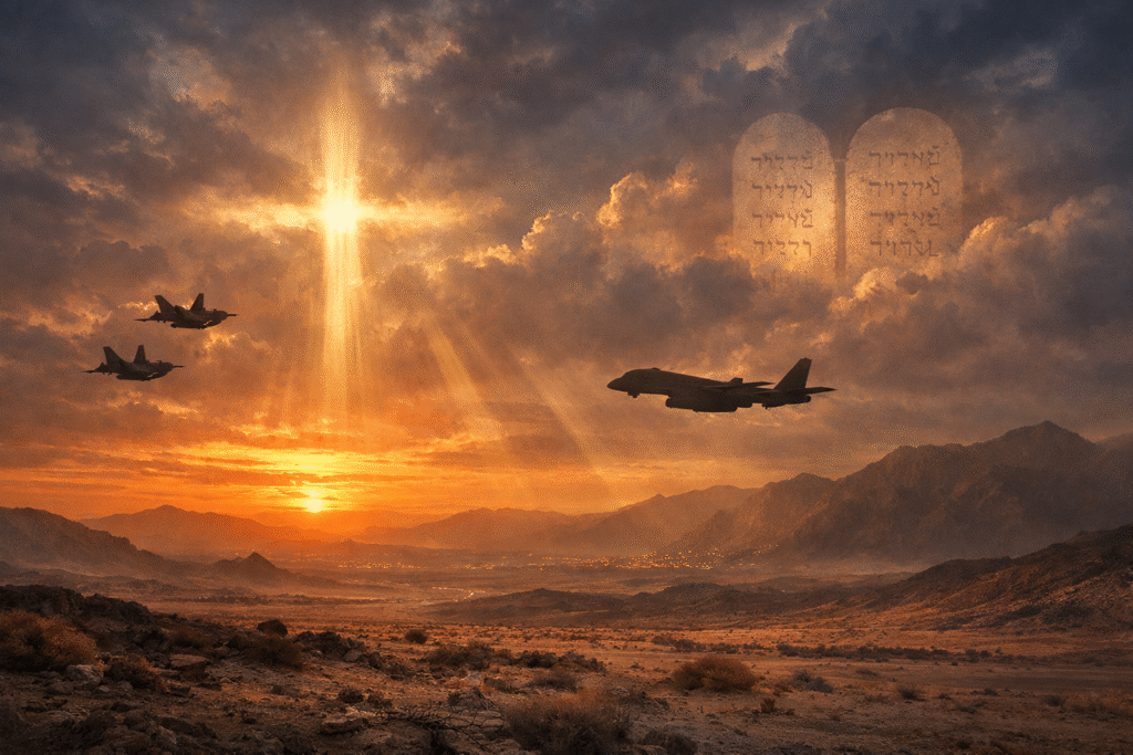 Military aircraft flying over a Middle Eastern desert at sunset with a bright cross-shaped light in the clouds and faint stone tablets visible in the sky above distant mountains