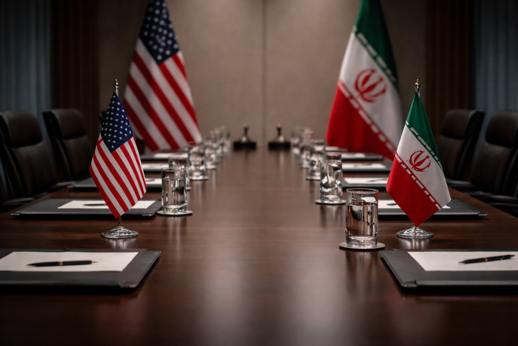 Conference table with United States and Iran flags at opposite ends, prepared for diplomatic talks, symbolizing renewed negotiations and rising geopolitical tensions.