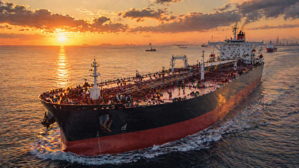 Large oil tanker sailing across calm ocean waters at sunset with visible deck equipment and warm light reflecting on the sea