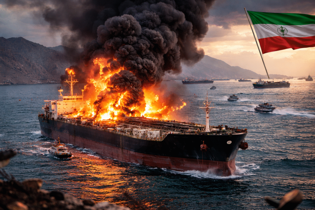 Oil tanker engulfed in flames at sea with thick black smoke rising as nearby vessels surround the scene during a maritime incident in a major shipping route