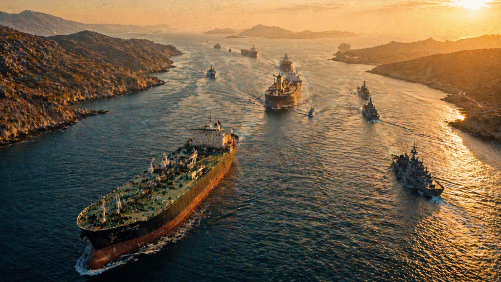 Oil tankers and military vessels navigating a narrow strait at sunset with rugged coastline on both sides during heightened geopolitical tensions