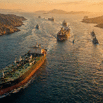 Oil tankers and military vessels navigating a narrow strait at sunset with rugged coastline on both sides during heightened geopolitical tensions