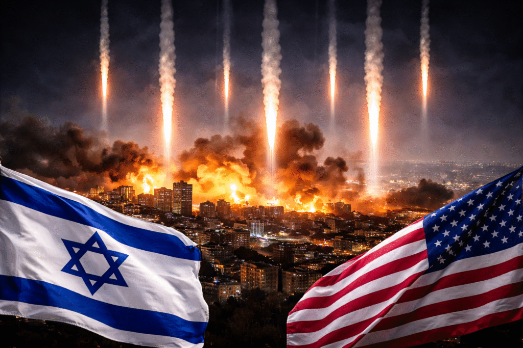 Ballistic missiles descending vertically from the night sky toward a city, with multiple explosions and fires burning across the skyline, while Israeli and American flags are visible in the foreground.