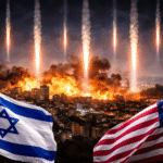 Ballistic missiles descending vertically from the night sky toward a city, with multiple explosions and fires burning across the skyline, while Israeli and American flags are visible in the foreground.