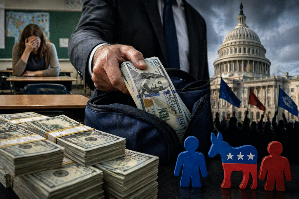Stacks of cash and a hand placing money into a bag in the foreground, with a classroom scene and U.S. Capitol and protest imagery in the background, symbolizing political funding and education.