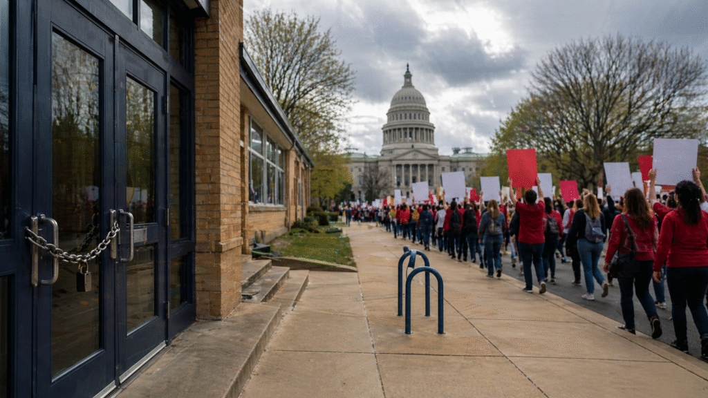 Closed school building with locked doors in the foreground while a large group of people march down the street carrying blank signs toward a government building under an overcast sky.