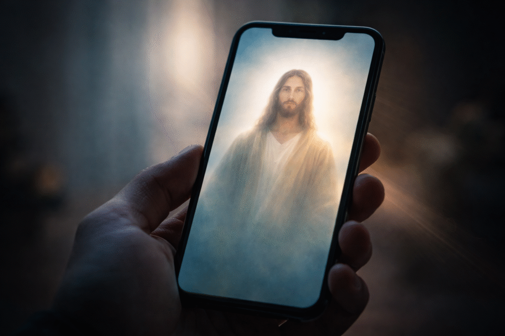 Hand holding a smartphone displaying a glowing, human-like figure resembling Jesus on the screen, set against a dark, softly lit background.