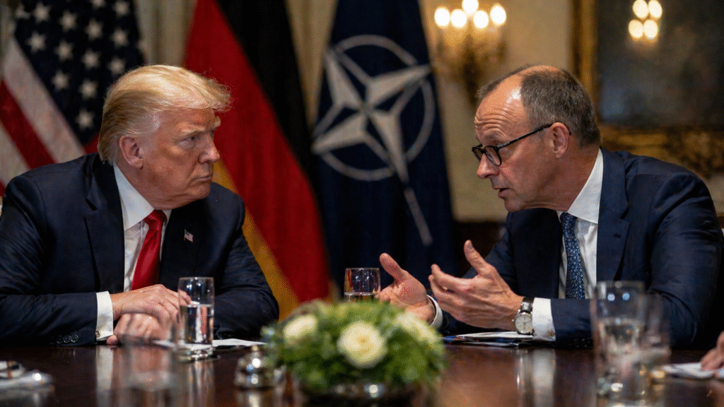 Two political leaders in suits seated across a conference table during a tense meeting, with blurred international flags in the background suggesting diplomatic negotiations.
