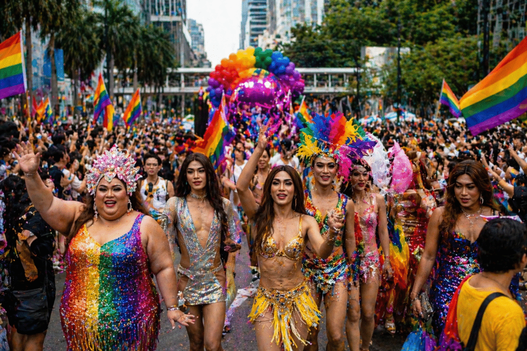 Large colorful parade moving through a city street with crowds, flags, and stage lighting, representing an international Pride festival atmosphere.