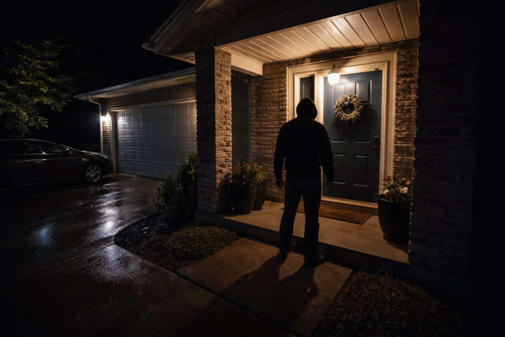 Nighttime view of a suburban home entrance with a person standing at the front door under porch lighting, seen from a security camera perspective.
