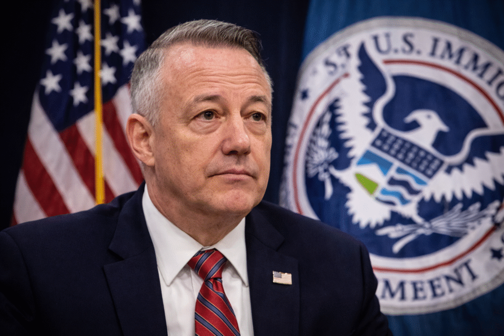 Close-up of a man in a navy suit and striped tie with a serious expression, seated before a blurred American flag and Department of Homeland Security seal in a formal government setting