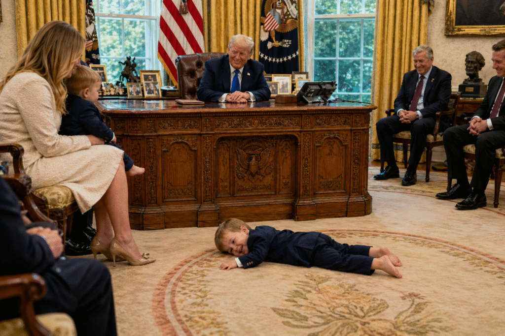 Toddler in a small suit lying on the Oval Office carpet in front of the Resolute Desk while President Donald Trump sits behind the desk and officials watch from chairs nearby