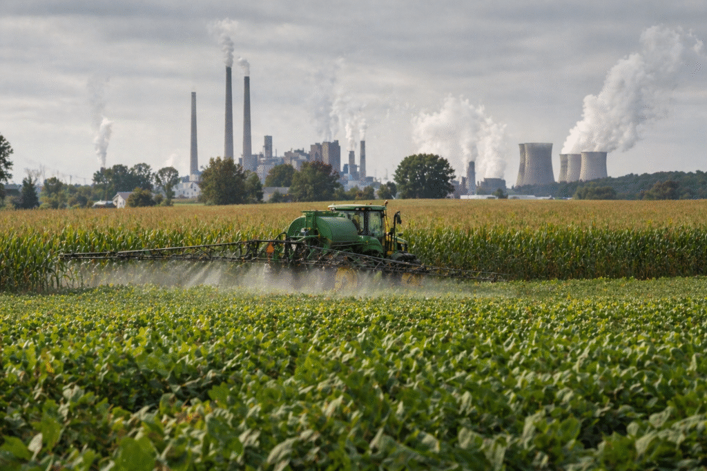 Tractor spraying pesticides across a large crop field with industrial smokestacks and cooling towers in the background under cloudy skies