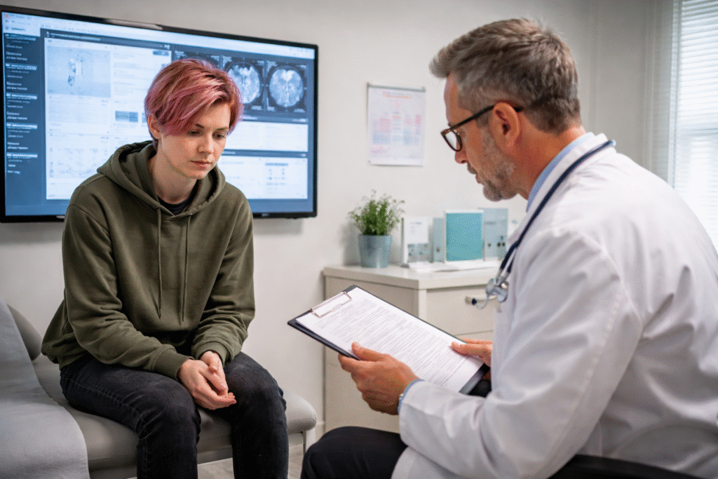 Doctor reviewing medical notes on a clipboard while a young patient sits in a clinical consultation room, with medical scans displayed on a screen in the background