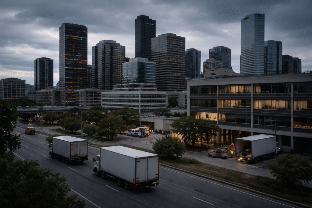 City skyline under cloudy skies with moving trucks and partially empty office buildings, symbolizing businesses leaving and economic decline