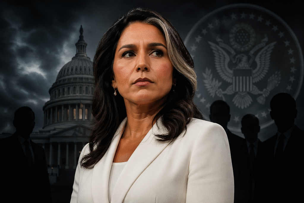 Serious female political figure in white blazer standing before the U.S. Capitol, with shadowy figures behind her and a dark, ominous sky suggesting political tension and covert influence